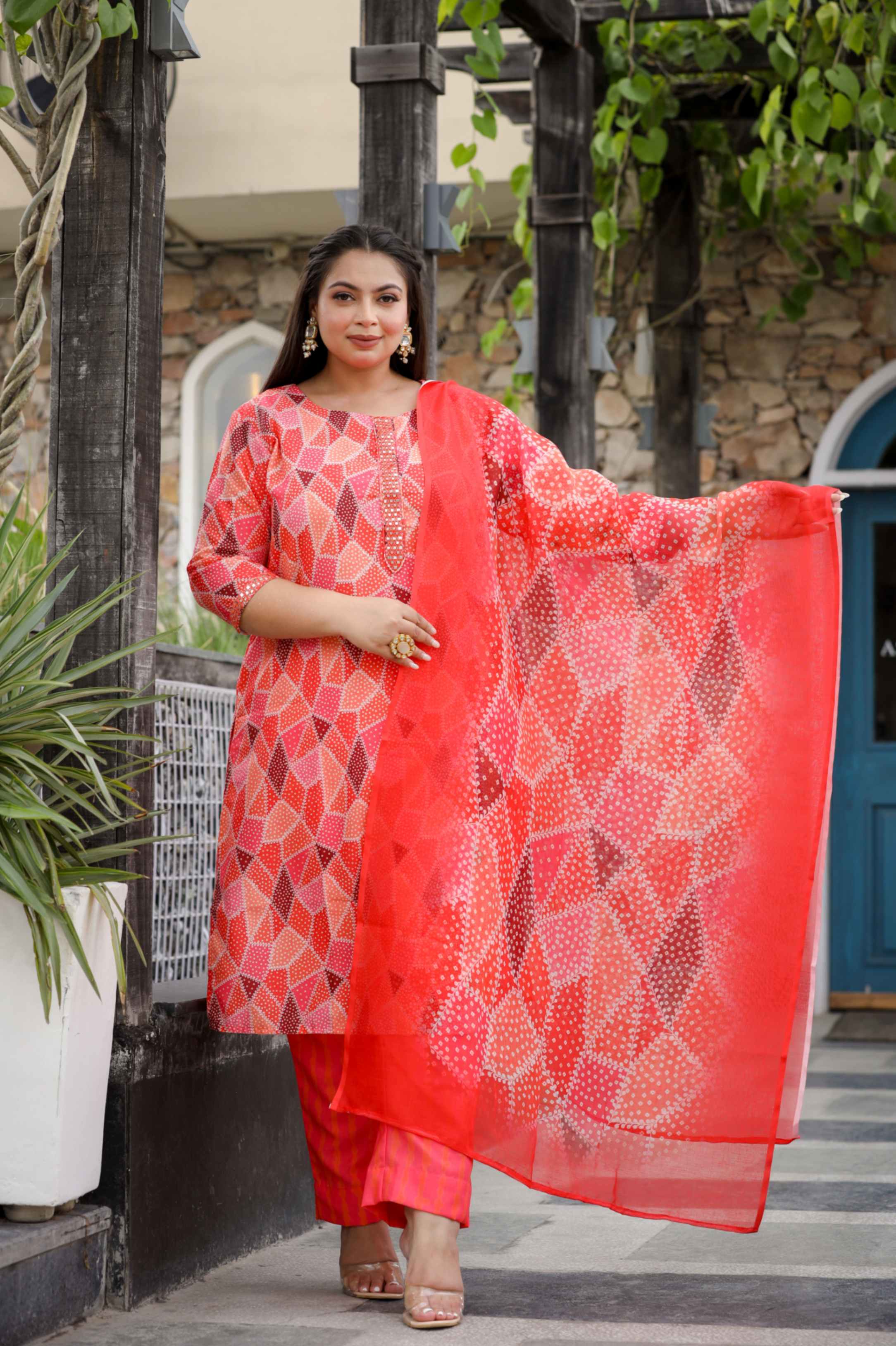 Orange & Red Pure Gajji Silk Bandhani Suit Fabric with Dupatta – Khinkhwab